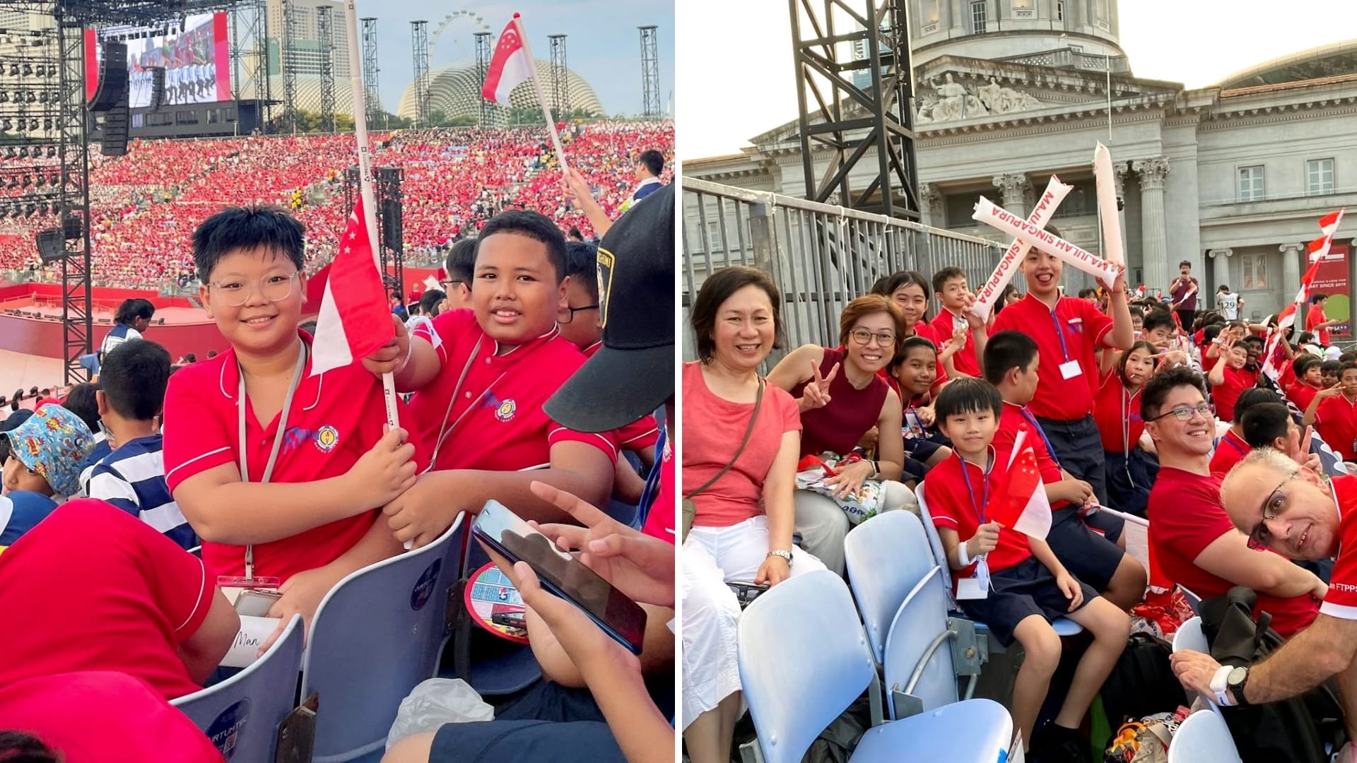 Students and teachers attend a National Day Parade preview, waving Singapore flags and celebrating national pride together.